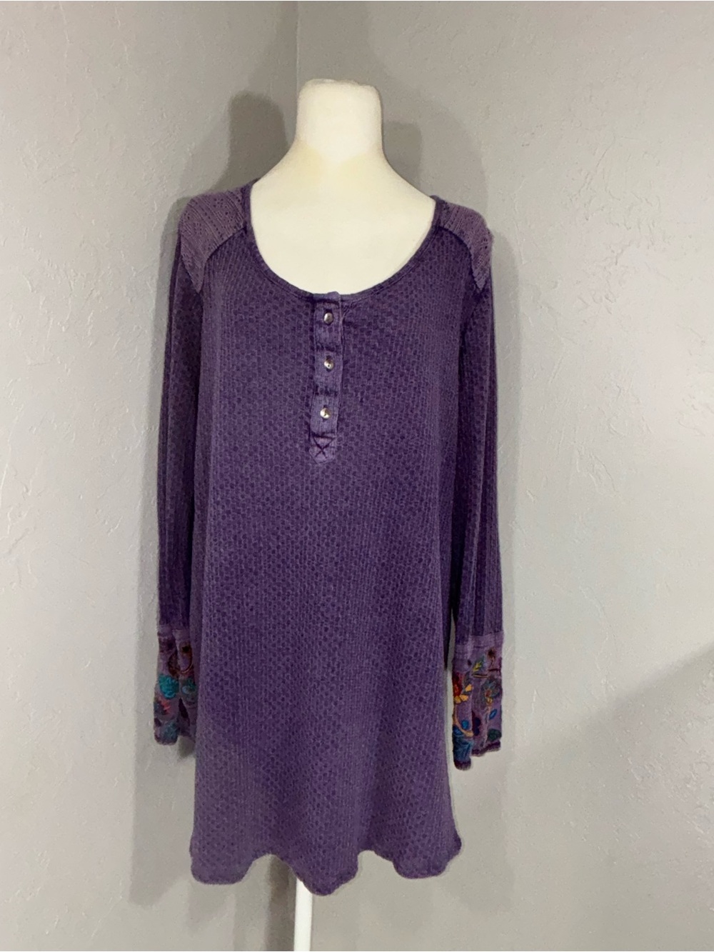Soft Surroundings Purple Henley Tunic with Embroidered Cuffs
